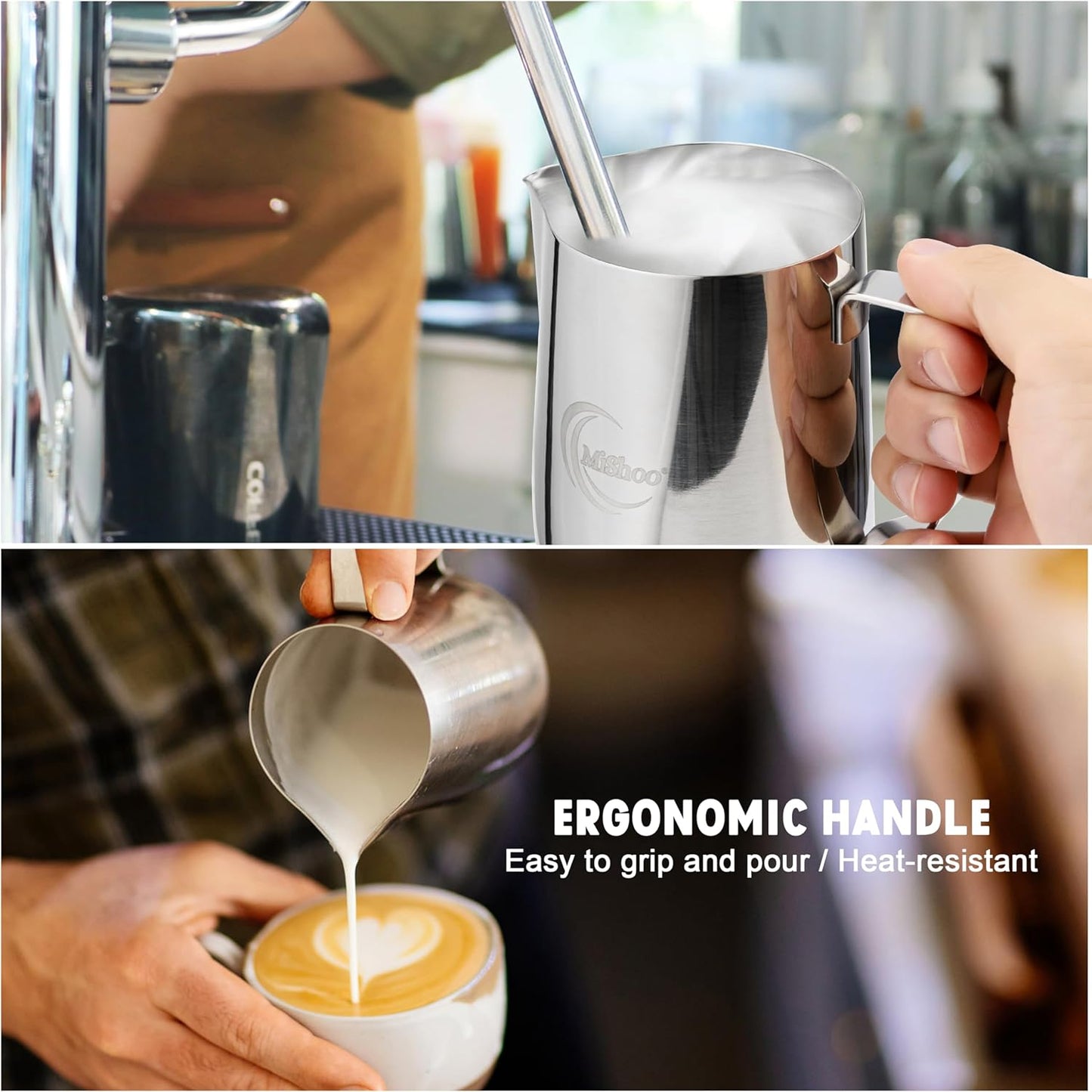 MiShooยฎ Milk Frothing Pitcher, 20oz Steaming Pitcher 304 Stainless Steel Espresso Machine Accessories for Coffee Bar, Cappuccino Barista Tools Milk Jug Steamer Frother Cup with Latte Art Pen