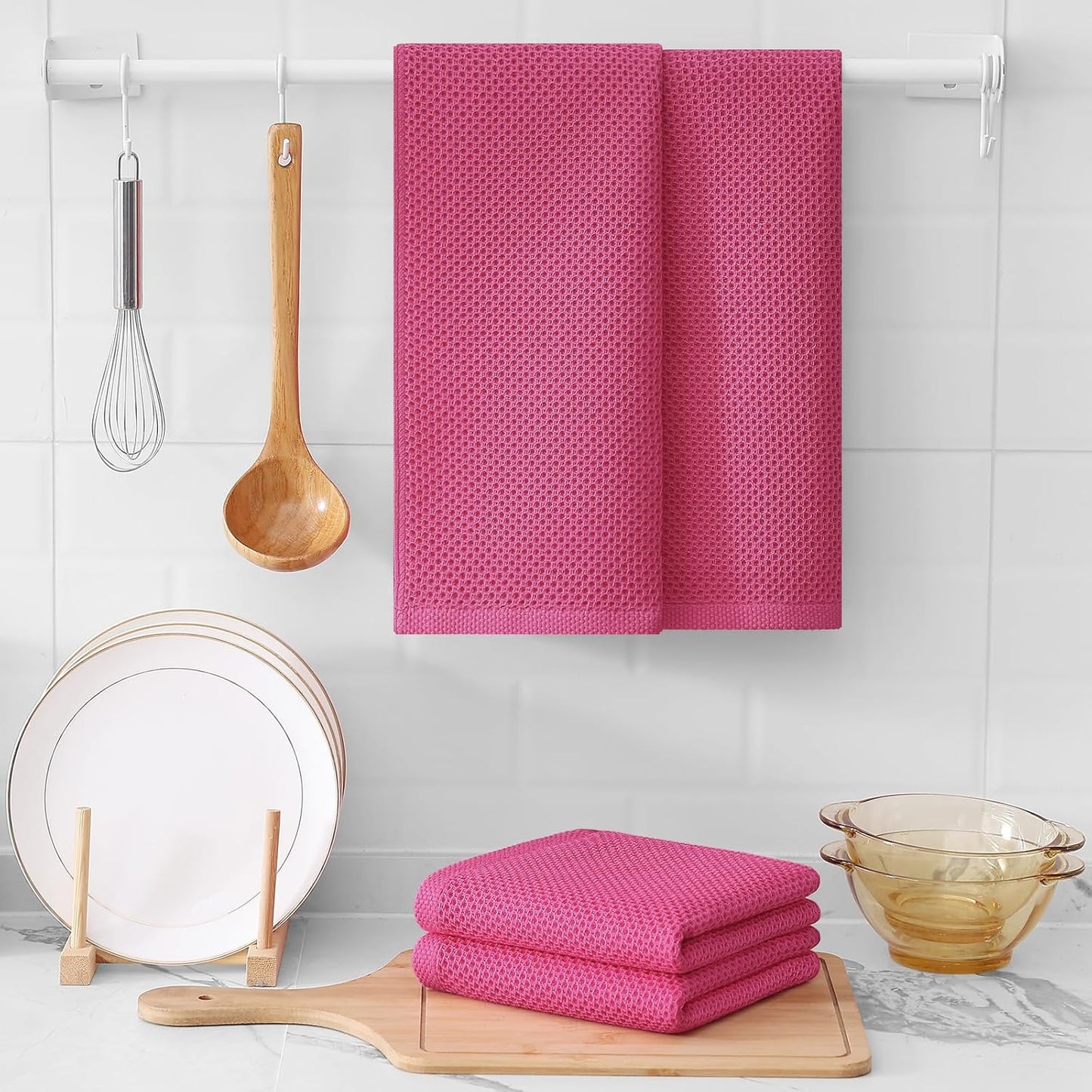 Kitinjoy 100% Cotton Waffle Weave Kitchen Towels, 6-Pack Super Soft and Absorbent Dish Towels for Drying Dishes, Kitchen Hand Towels, 13 in x 28 in, Hot Pink