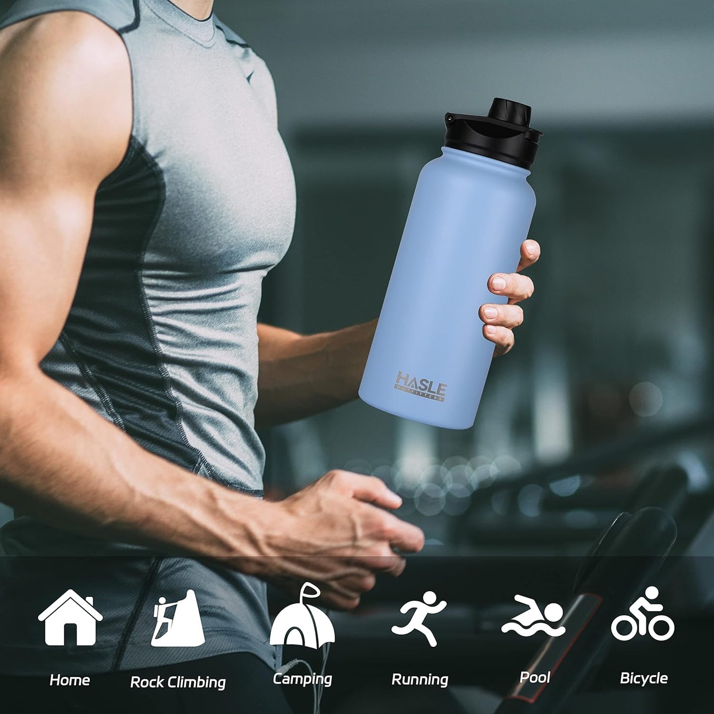 HASLE OUTFITTERS 32 oz Insulated Water Bottle Stainless Steel Double Walled Vacuum Sports Water Bottle with 2 Lids (Straw and Spout Lid) for Gym Camping Hiking(Blue,1)