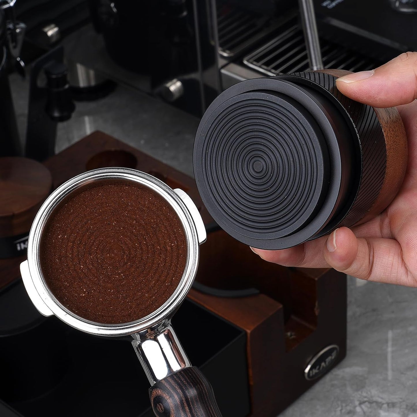 IKAPE 53MM Espresso Tamper, New Wooden Handle Design,Premium Barista Coffee Calibrated Tamper with Spring Loaded, 100% Stainless Steel Tamper Compatible with All 54MM Bottomless Portafilter
