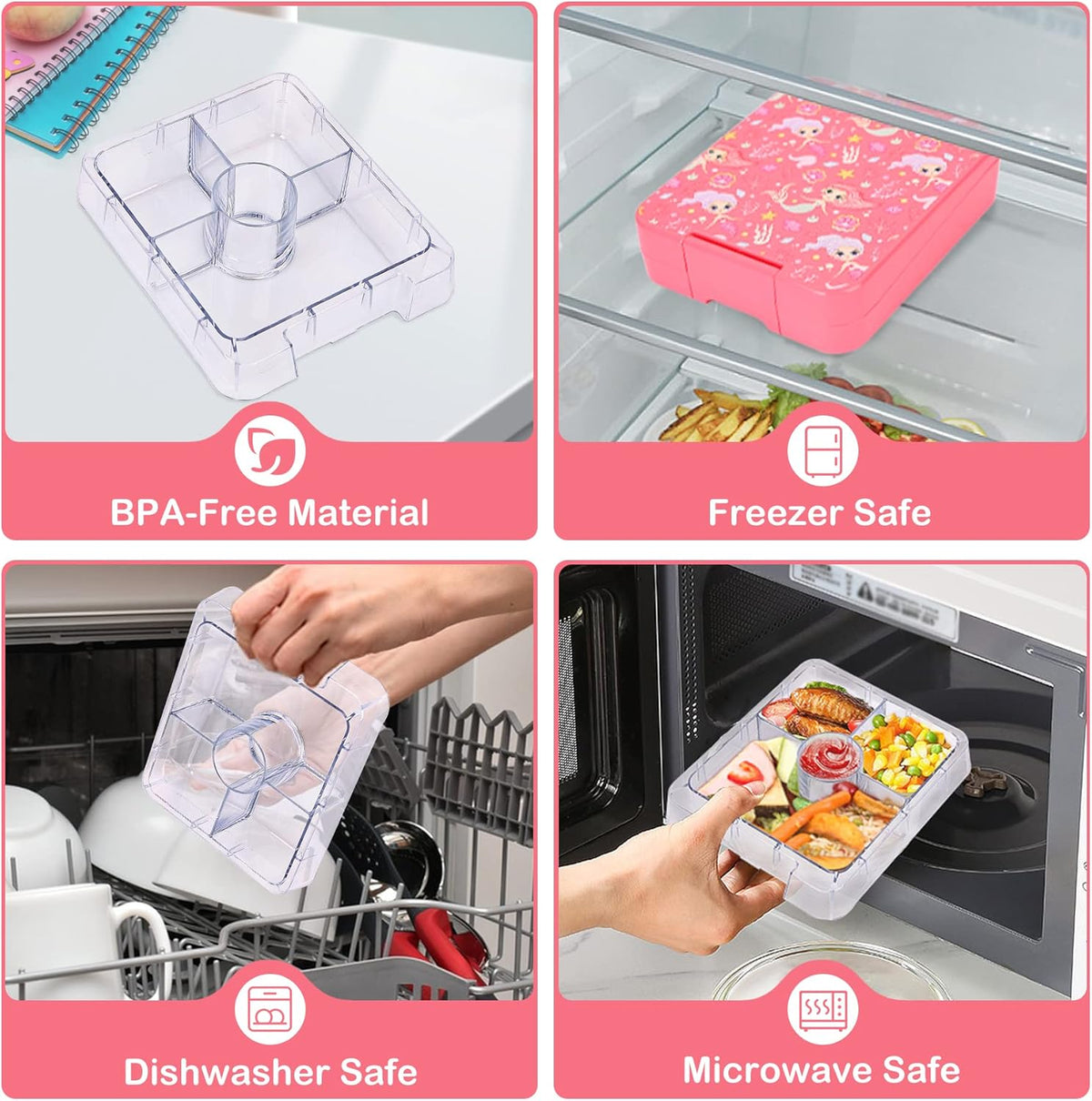 Bento Lunch Box Set With 10oz Soup Thermo, Leak-proof Lunch Containers with 4 Compartment, Kids Hot Thermo Food Jar/Insulation Lunch Bag, Food Containers for School(Mermaid)