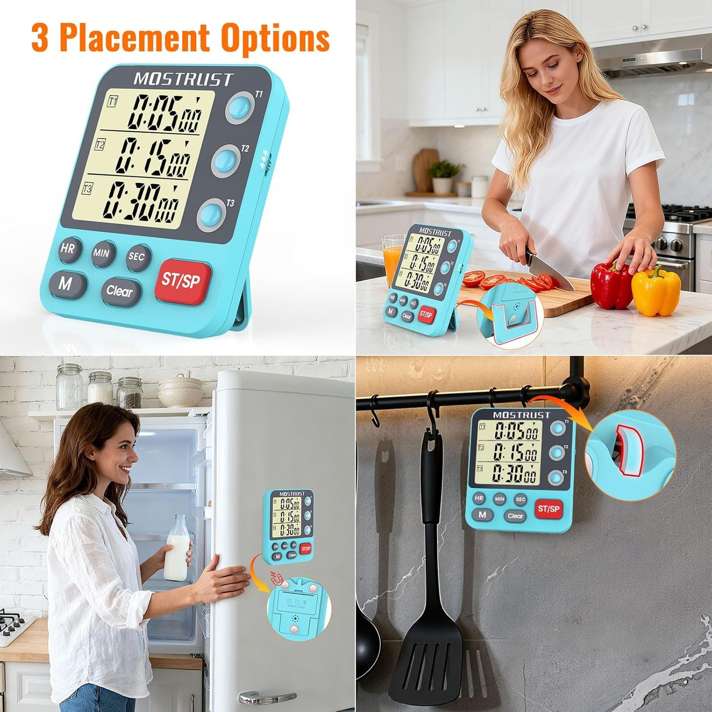 Digital Dual Kitchen Timer, 3 Channels Countdown Triple Timer for Cooking, Magnetic Memory-Preset Large-Display Adjustable Alarm Volume, Multi Times Management, 3A Battery Included, Blue