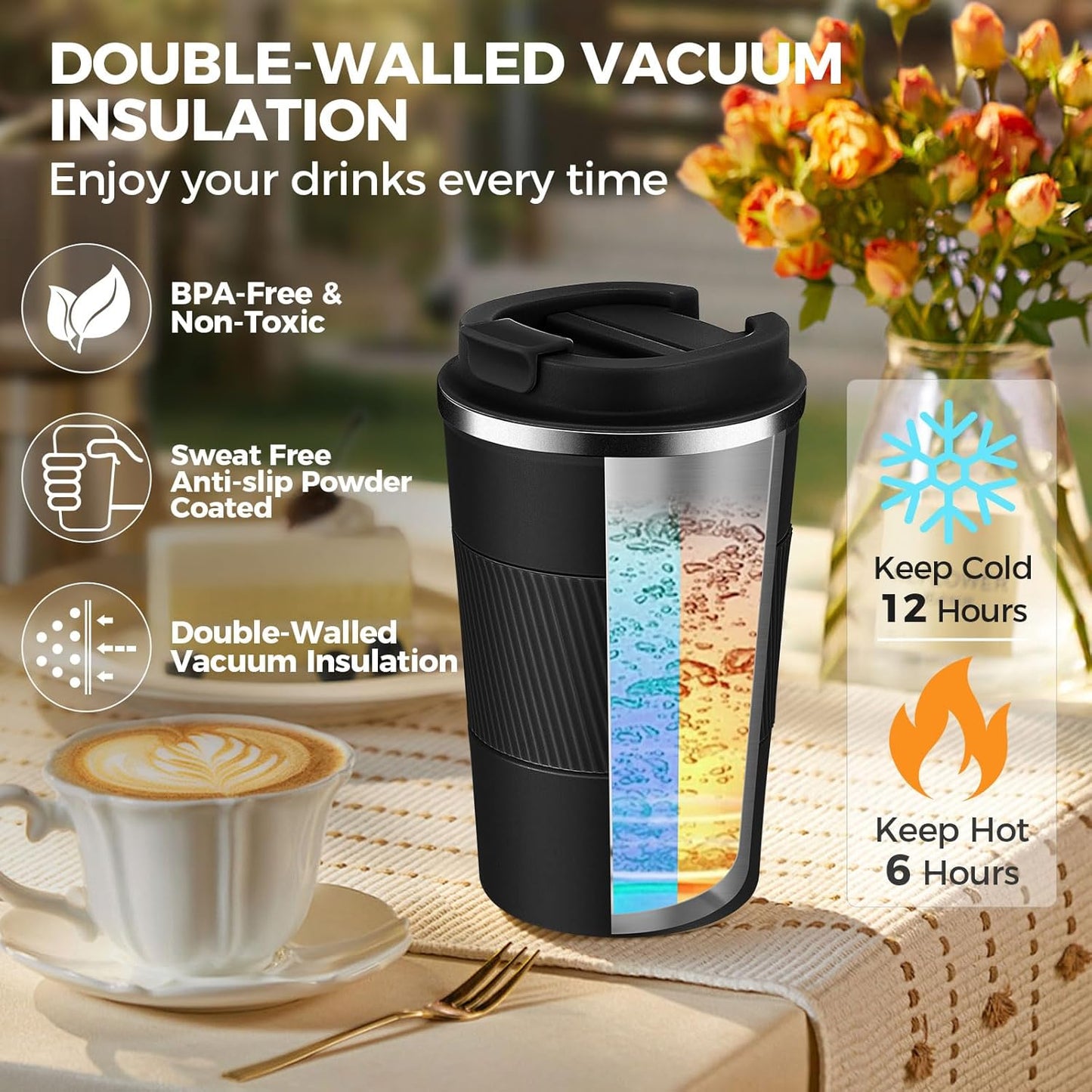 Volhoply 13 oz Stainless Steel Insulated Travel Coffee Mug with Fip Lid Bulk 2 Pack,Reusable Double Wall Vacuum Metal Coffee Cup,Portable Leak Proof Thermal Tumbler for Hot & Cold Drinks(Assorted,2)