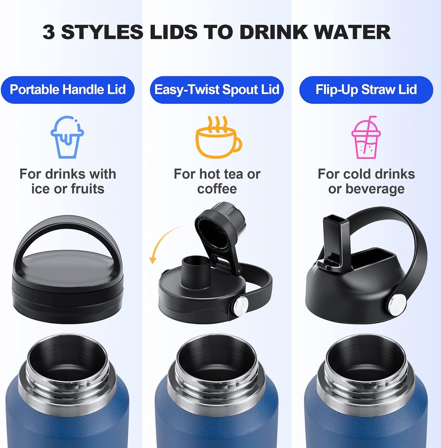 HYDROWION Stainless Steel Water Bottle, 32oz Wide Mouth Double Wall Vacuum Insulated Water Bottle with Straw Lid, Spout Lid and Flex Cap, Leakproof,Fit in Any Car Cup Holder, Mint&Pink&Purple
