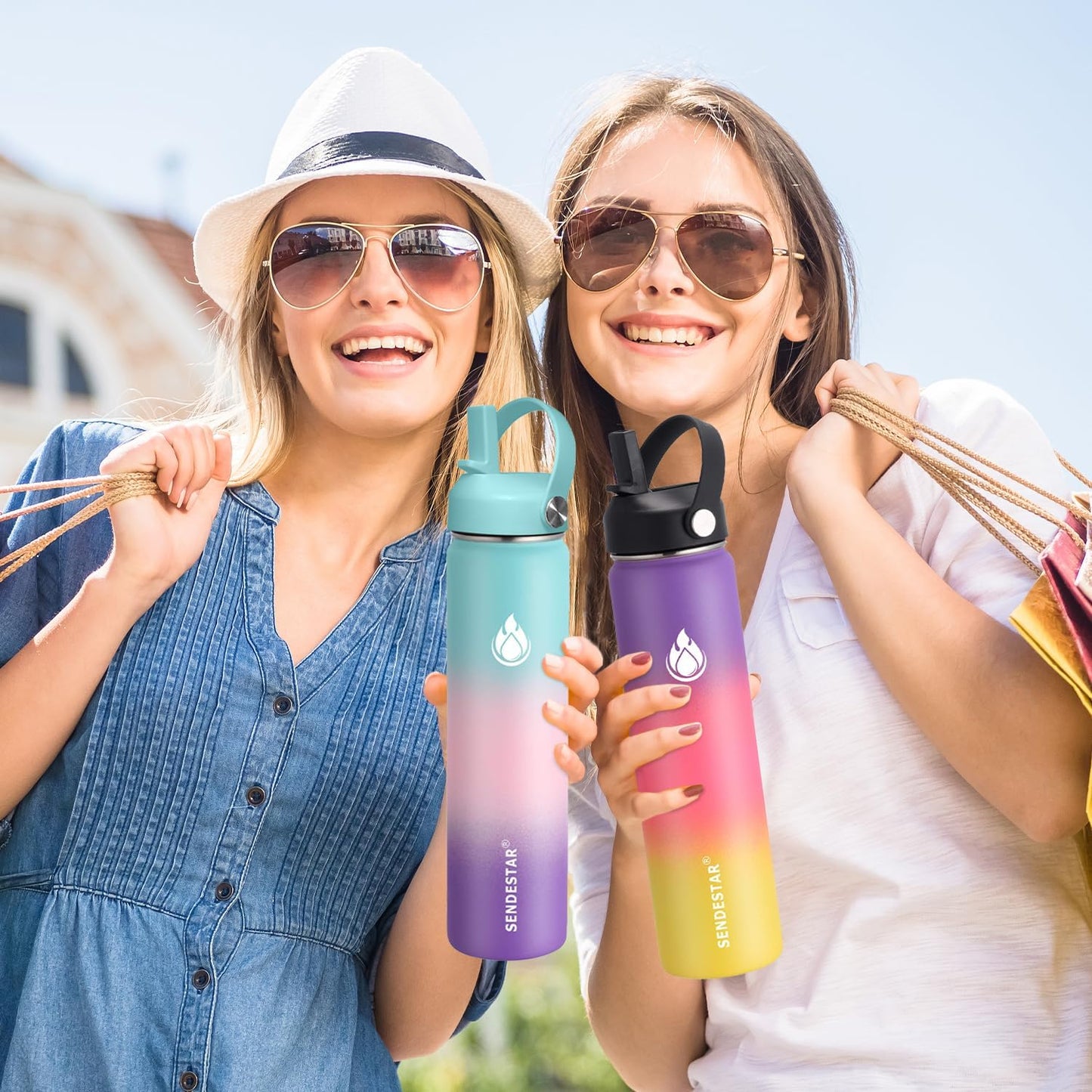 SENDESTAR Stainless Steel Wide Mouth Water Bottle 40oz Double Wall Vacuum Insulated Leak Proof Bottle with New Flex Straw Lid & Spout Lid XIN-WP-40OZ-1