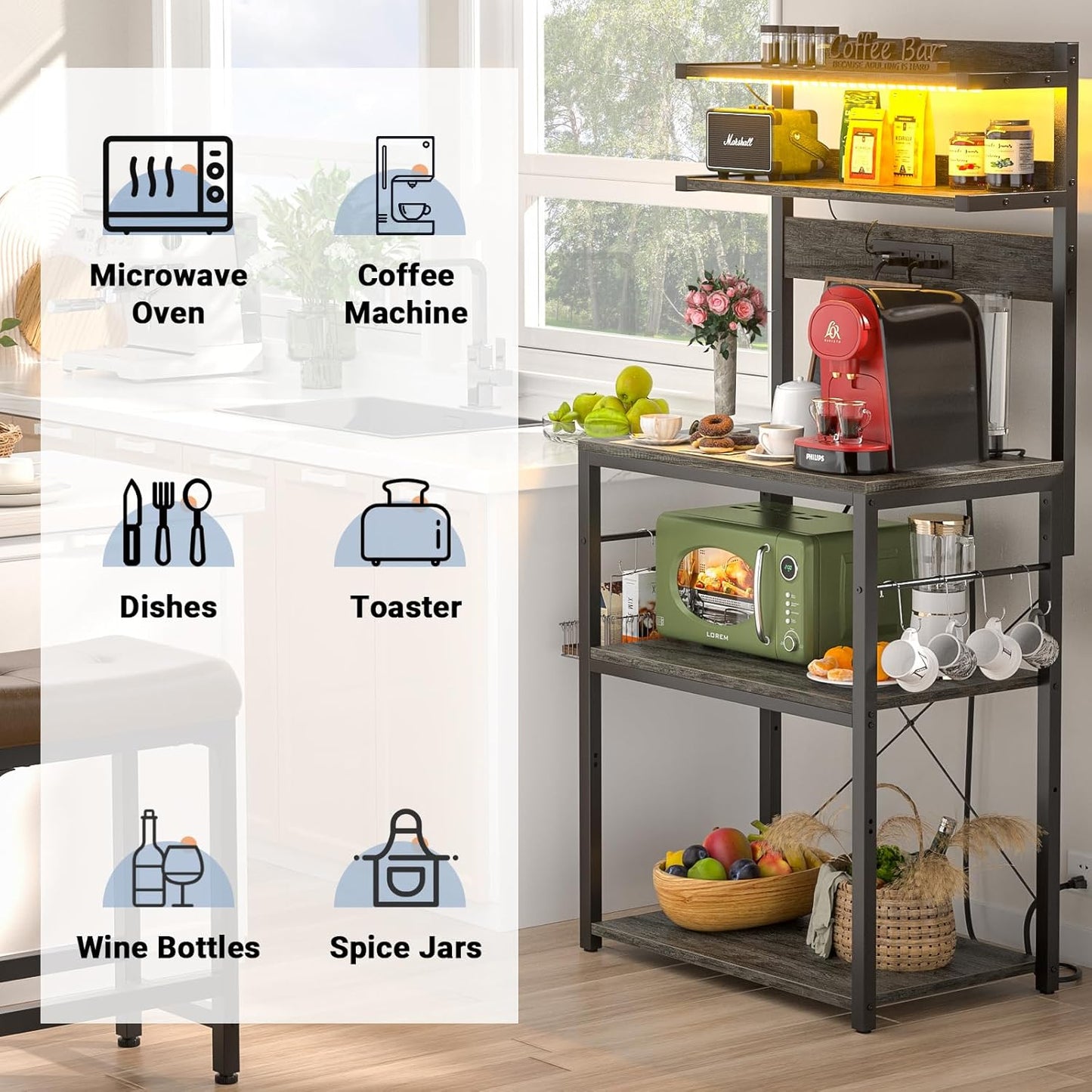 Aheaplus Bakers Rack with Power Outlet, Microwave Stand, 5 Tiers Coffee Bar Station with Led Lights, Kitchen Storage Shelf with 6 S-Shaped Hooks, Kitchen Rack for Spices, Pots and Pans, Black Oak