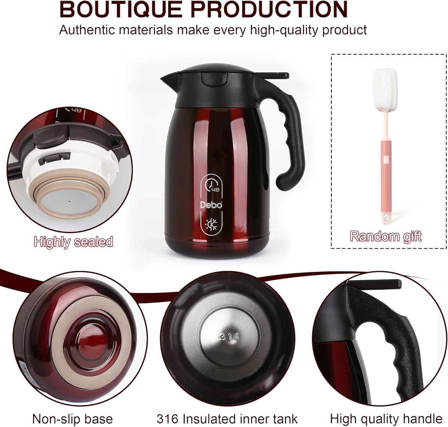 Thermal Coffee Carafe-56oz vacuum Coffee Carafe For Keeping Hot Liquids,Coffee Carafe,Thermal Stainless Steel, Coffee Carafes Press On Lid, Coffee Dispenser Bpa Free .(1.6l) Red