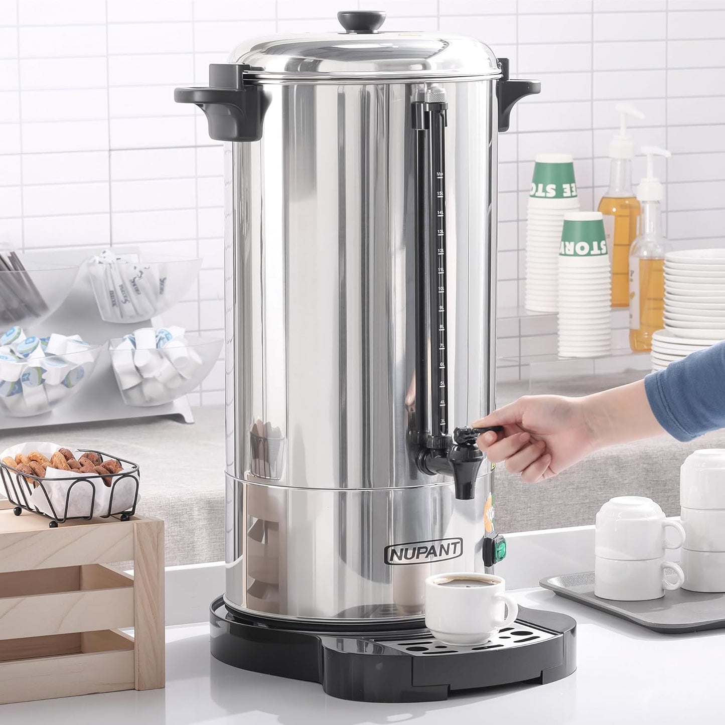 Commercial Coffee Urn 100 Cup/15L Coffee Dispenser with Upgraded Percolator, 304 Stainless Steel Hot Water Urn Beverage Dispenser with Keep Warm Mode, Large Coffee Maker for Catering Party