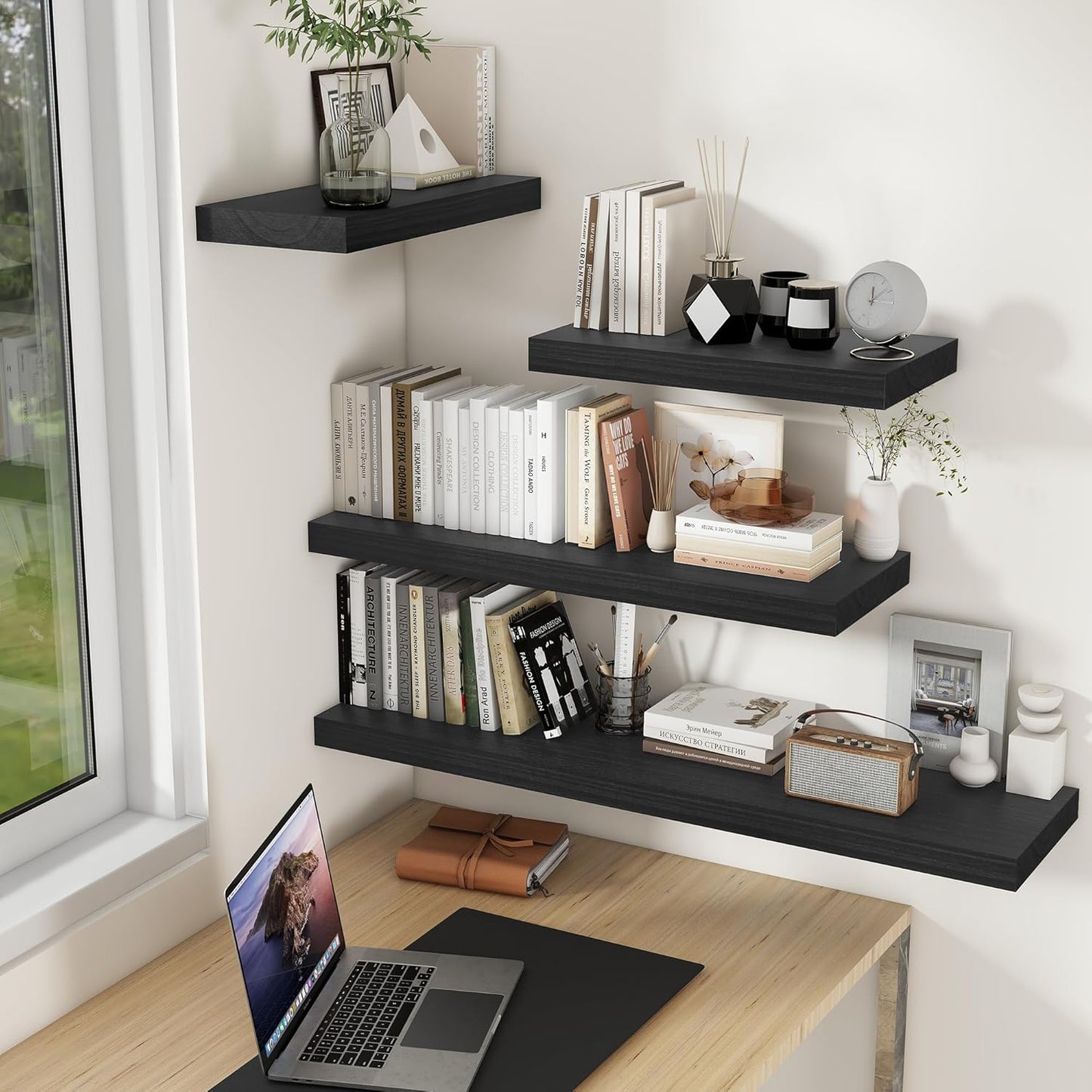 Fun Memories 9 Inch Deep Black Floating Shelves, Farmhouse Rustic Natural Wood Floating Shelf Wall Mounted, 30 x 9 Wall Shelves Set of 2, Deep Black Bathroom Shelves