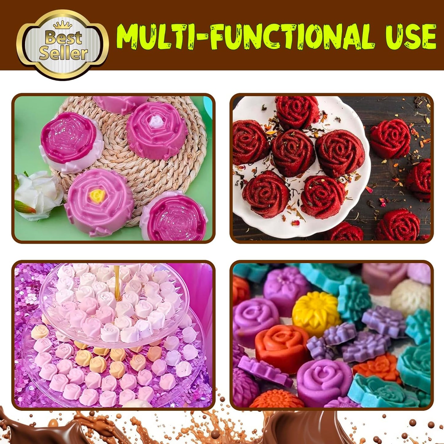 Rose Flower Shaped Silicone Chocolate Molds,BPA Free & Non-stick Silicone Tray for Hard Candy Caramels Jello Gummy Truffles Ice Cubes Soap - 4 Pack