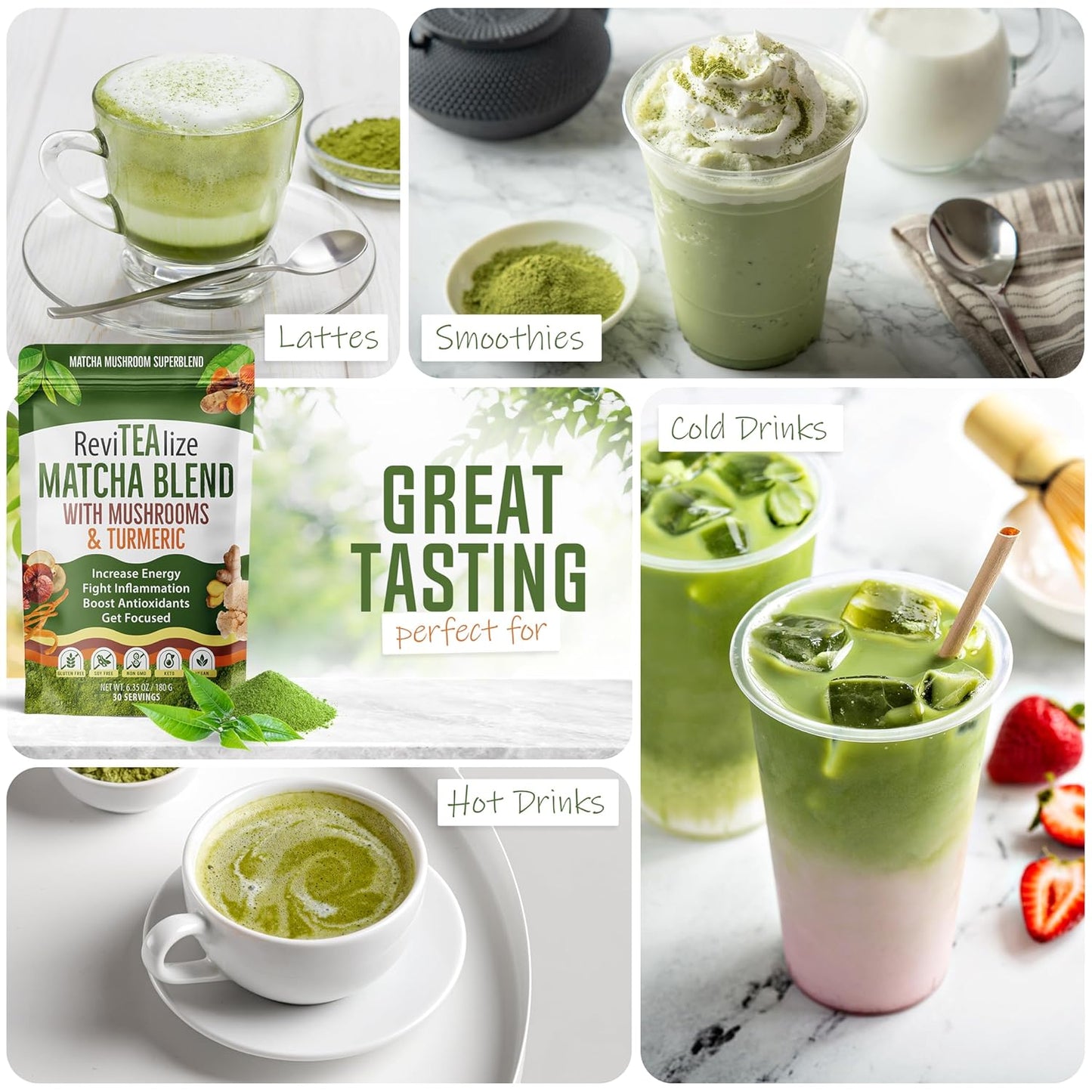 ReviTEAlize Organic Matcha Mushroom Powder - Organic Ceremonial Grade Blend - Coffee Alternative - Latte (30 Servings)