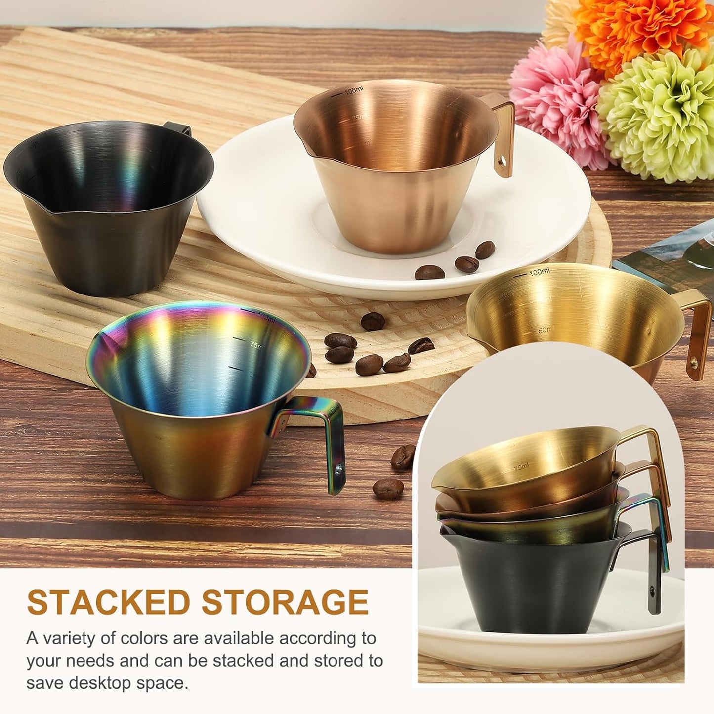 uxcell 2 Pcs Stainless Steel Espresso Cup with Handle, V-Shaped Mouth Espresso Measuring Cup with Scale for Preparing Coffee, Cocktails, 3.4OZ/100ML (Gold)