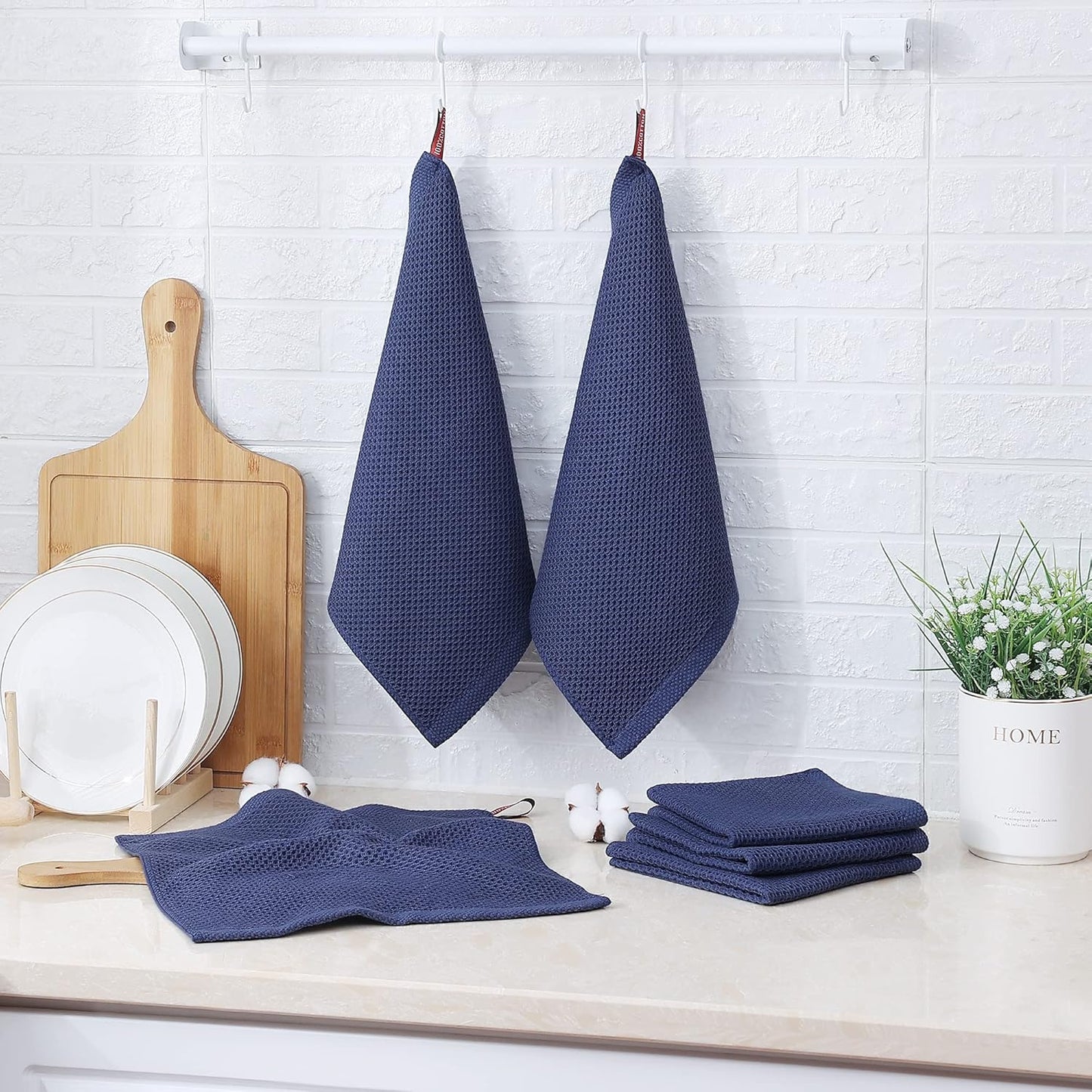 Kitinjoy 100% Cotton Kitchen Dish Cloths, 8 Pack Waffle Weave Ultra Soft Absorbent Dish Towels for Drying Dishes Quick Drying Kitchen Towels Dish Rags, 12 X 12Inch, Navy Blue