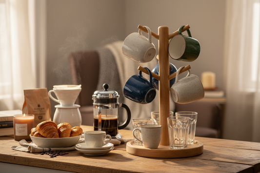 Beautiful collection of coffee mugs displayed on wooden mug tree holder