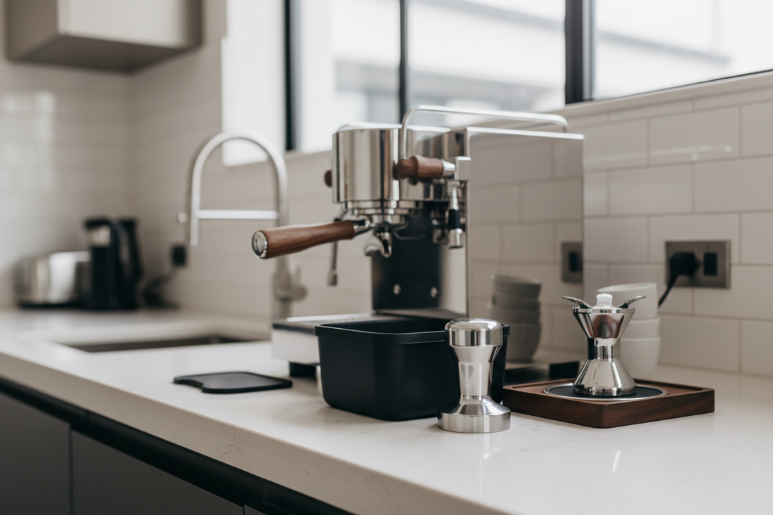 Professional espresso accessories including tamper and distribution tools on counter