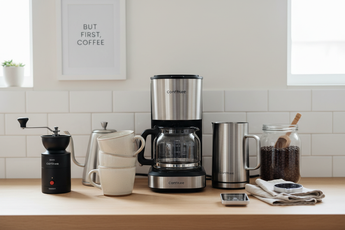 Essential coffee gear for beginners including milk frother and accessories