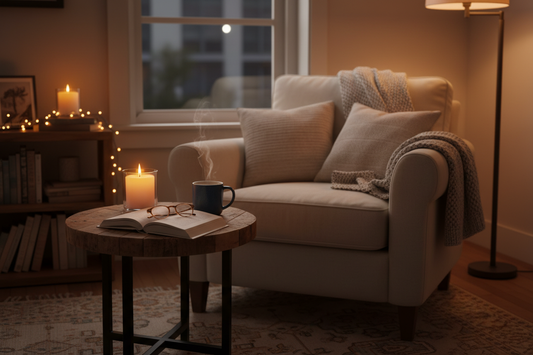 Cozy Friday evening coffee ritual with warm lighting and comfortable setting