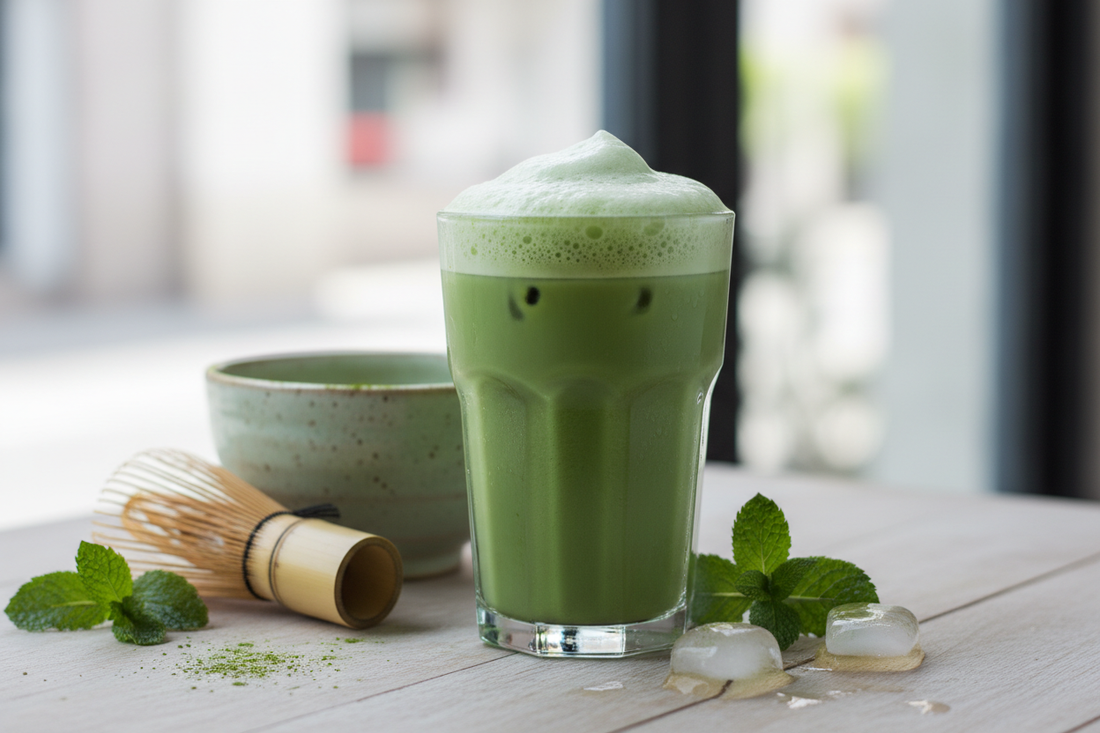 Smooth iced matcha latte with perfect green color and foam