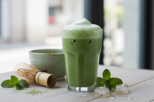 Smooth iced matcha latte with perfect green color and foam