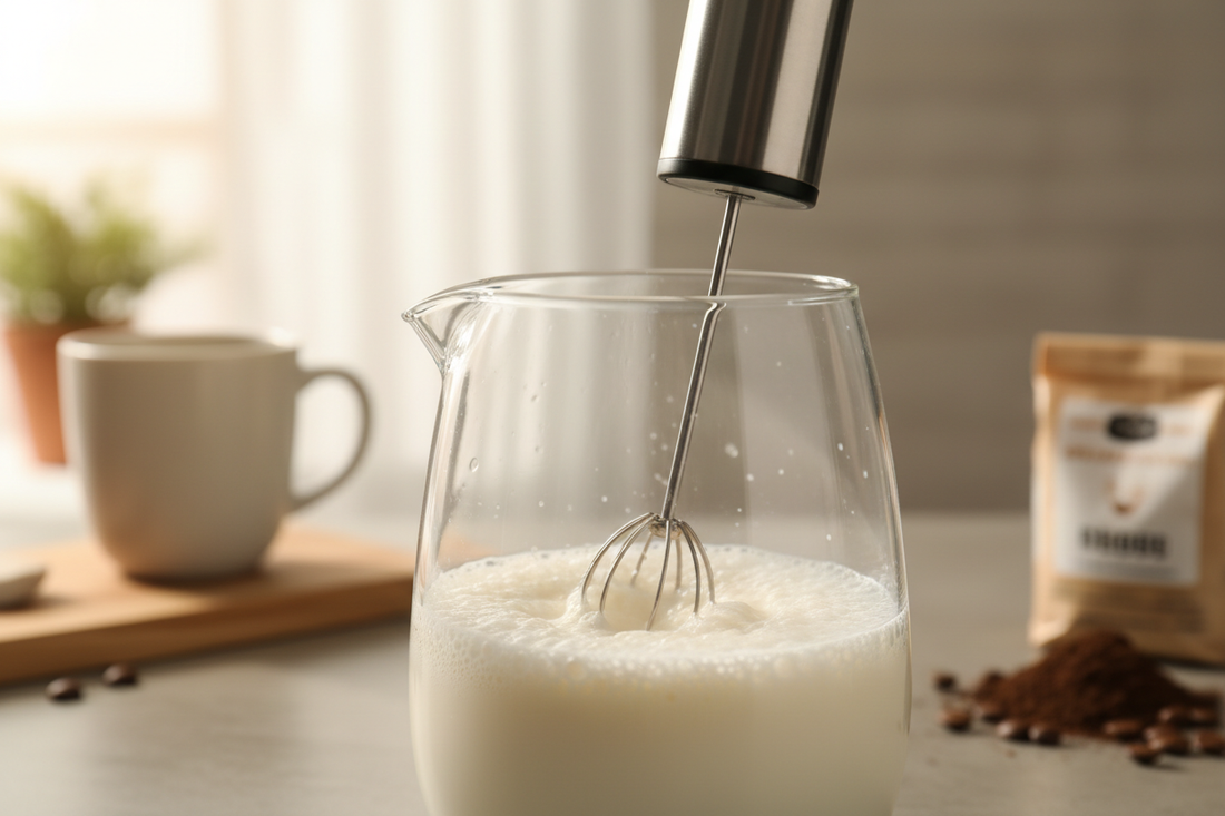Café-style foam being created with milk frother, accessible home setup