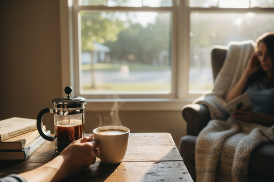 Quiet Saturday morning café moment at home with coffee and natural light