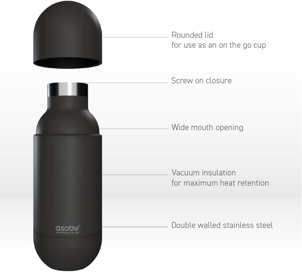 Asobu Orb Stainless Steel Double Wall Insulated Travel Water Bottle – Lid Doubles as a Cup 14 Ounce