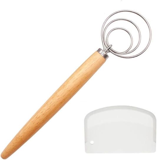 Danish Dough Whisk with Dough Scraper 10" Dutch Bread Whisk Bread Mixer Stainless Steel Dutch Bread Dough Whisk with Wooden Handle Dutch Whisk Baking Tools for Sourdough, Pizza, Pastry, Cake