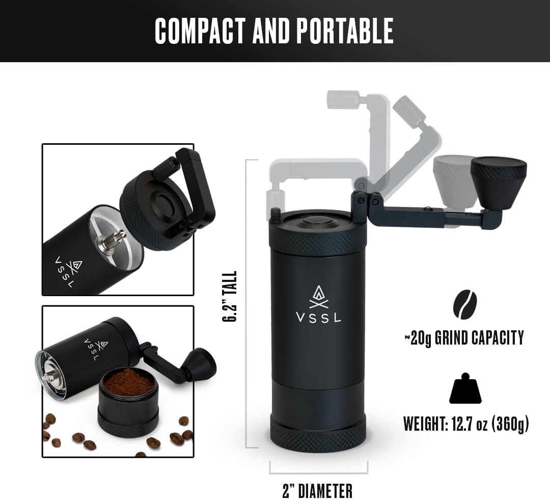 Java Manual Coffee Grinder, 20 Gram Capacity, Stainless Steel Burr, 50 Settings, Black
