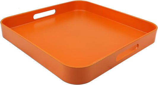 Square Orange Decorative Serving Tray with Handles, Versatile Ottoman Tray for Coffee Table, Entertaining, Outdoor Patio, Living Room, 13”*13”*1.6”