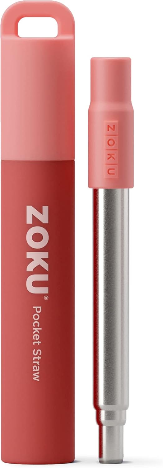 ZOKU Reusable Metal Straw with Case for Travel, Red - Collapsible Stainless Steel Drinking Straw with Silicone Tip and Cleaner Brush, Ideal for Key Chains, Pockets, Purses