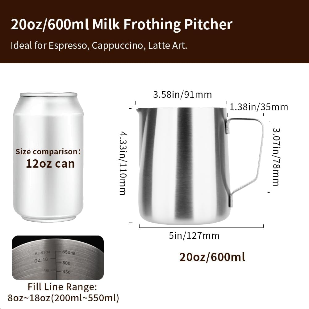 watchget Stainless Steel Milk Frothing Pitcher 20oz/600ml - Espresso Steaming Pitcher for Cappuccino, Latte Art, Coffee Machine Accessories Milk Jug Coffee Frother Cup, Matt Silver