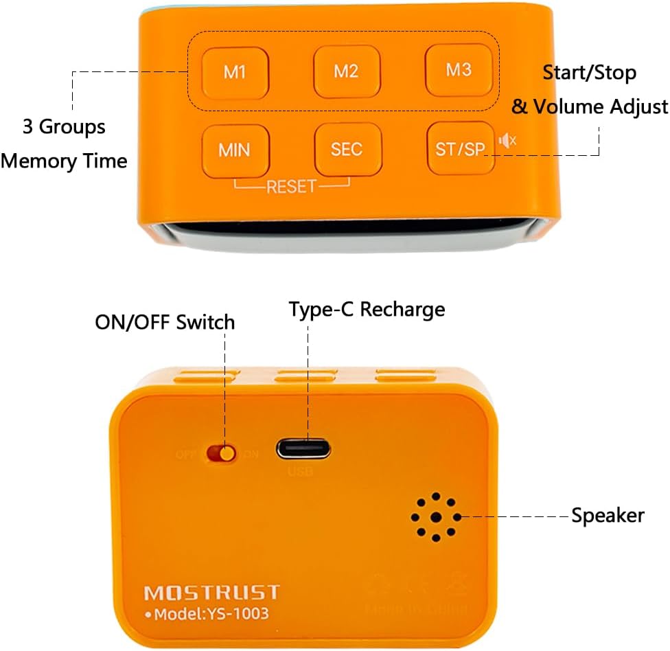 Digital Mini LED Timer, Rechargeable LED Countdown/Up Timer, 3 Pre-Set Memory Time Loud Alarm ON/Off Function, Ideal for Homework, Cooking, Classroom, Office, Kids Students (White)