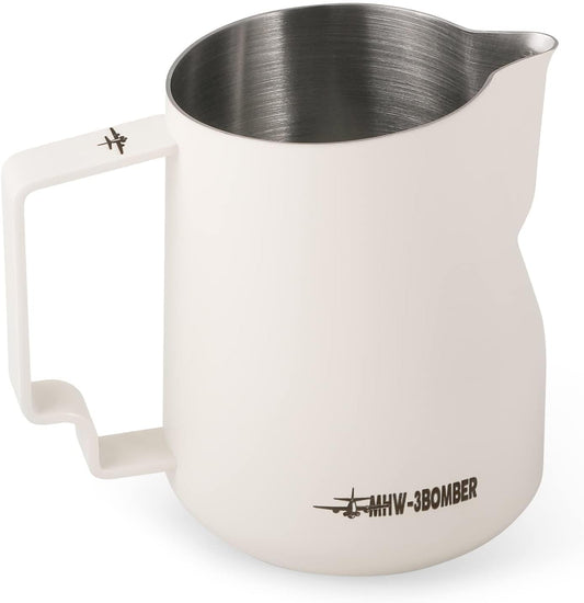 MHW-3BOMBER Milk Frothing Pitcher 12oz/350ml Milk Frother Cup Espresso Steaming Pitcher Stainless Steel Milk Frother Cup Barista Latte Art Round Spout Milk Jug White P6013W-OS