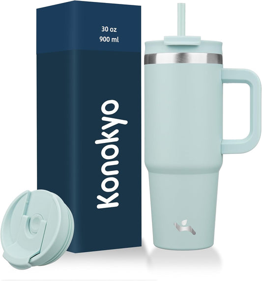 30 oz Tumbler with Handle and 2 Straws,2 in 1 Lid Insulated Water Bottle Stainless Steel Travel Coffee Mug,Blue Haze