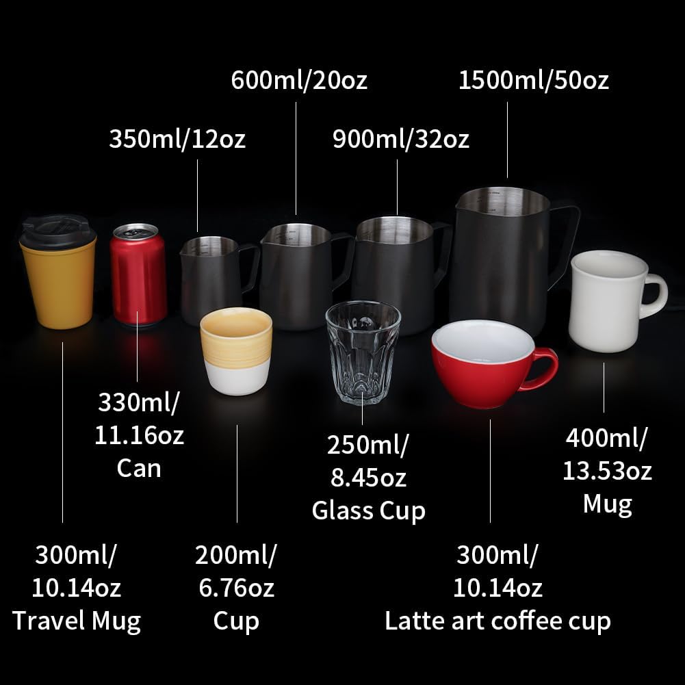 watchget Milk Frothing Pitcher 350ml/600ml/900ml/1500ml (12oz/20oz/32oz/52oz) - Stainless Steel Espresso Steaming Pitcher for Cappuccino, Latte Art, Milk Jug Coffee Frother Cup, Black