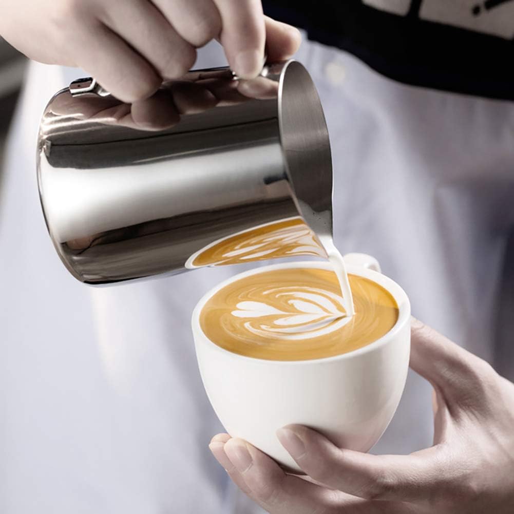 CAMKYDE Stainless Steel Milk Frothing Pitcher 32 oz, Espresso Steaming Pitcher with Decorating Pen for Espresso Machines, Cappuccino, Latte Art (Silver)