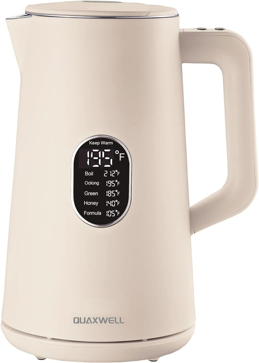 1.5L Electric Kettle Stainless Steel, Double Wall Cool Touch Teapot, Fast Boil,5 Temperature Control, LED Display, Auto Shut-Off,Keep Warm Function,Cream White