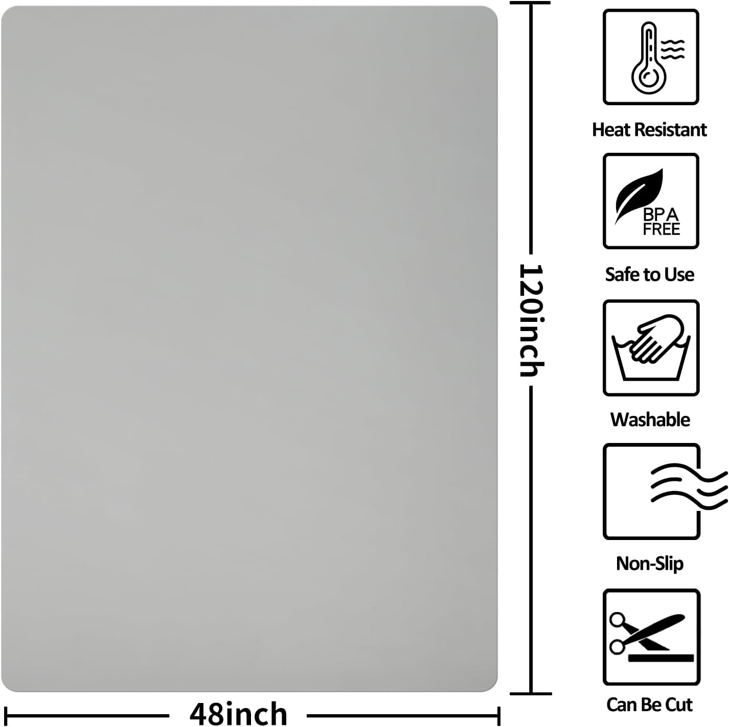 Extra Large Silicone Mat,Silicone Mats for Kitchen Counter Island Dinner Table Countertop Protector Heat Resistant Mat (120” x 48”, Grey)