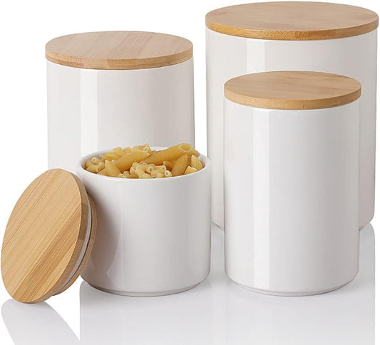 Sweejar Ceramic Kitchen Canister Sets, Porcelain Container for Countertop, Heavy Food Storage Jars with Airthight Seal Bamboo Lid, Servering for Sugar, Coffee Beans, Tea Leaves, Pack of 4（White）