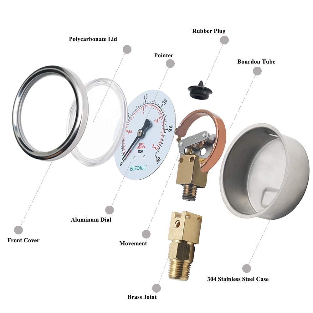 ELECALL 2-1/2” Glycerin Liquid Filled Air Pressure Gauge, 0-30Psi, 1/4”NPT Lower Mount, Stainless Steel Case, Brass Internals, Water Pressure Gauge