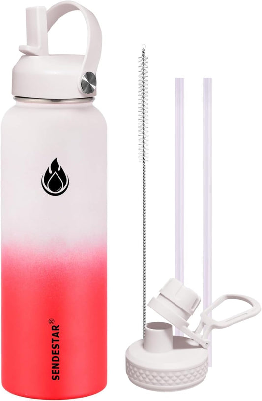 SENDESTAR Water Bottle 40oz Double Wall Vacuum Insulated Leak Proof Stainless Steel Sports Water Bottle—Wide Mouth with New Flex Straw Lid & Spout Lid (White&Red)