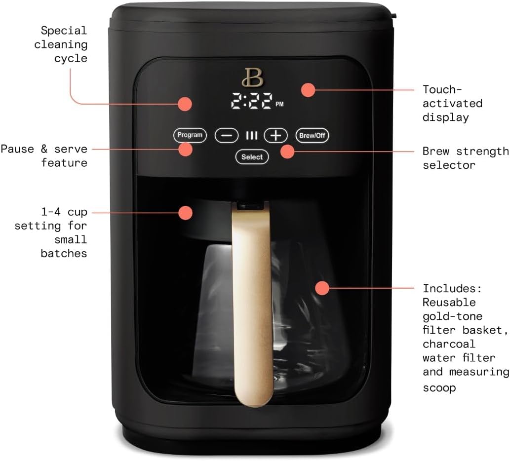 Beautiful Coffee Maker, 14-Cup, Touch Display, Programmable, 1200W, Stainless Steel, Keep Warm, 24h Timer dishwasher-safe (Black Sesame)