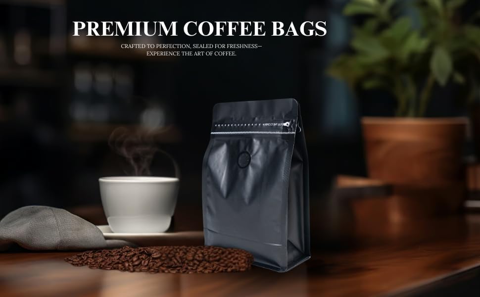 Premium Coffee Bags with Valve (100 pcs, 16 oz) Standing Coffee Beans Storage Bags, Reusable Heat Sealable Side Zipper Pouches, Eco-Friendly Packaging, Perfect for Home and Office - Black