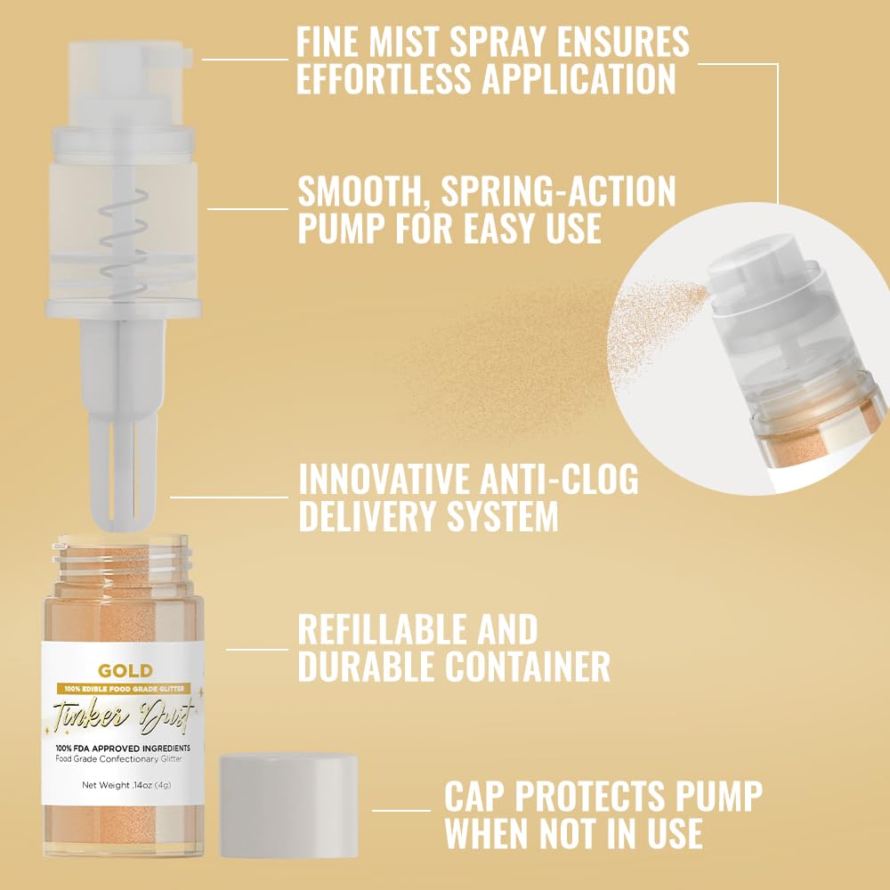 Bakell - Gold Tinker Dust (4g, 1x Mini Spray Pump) Edible Glitter for Food, Desserts, and Beverages!