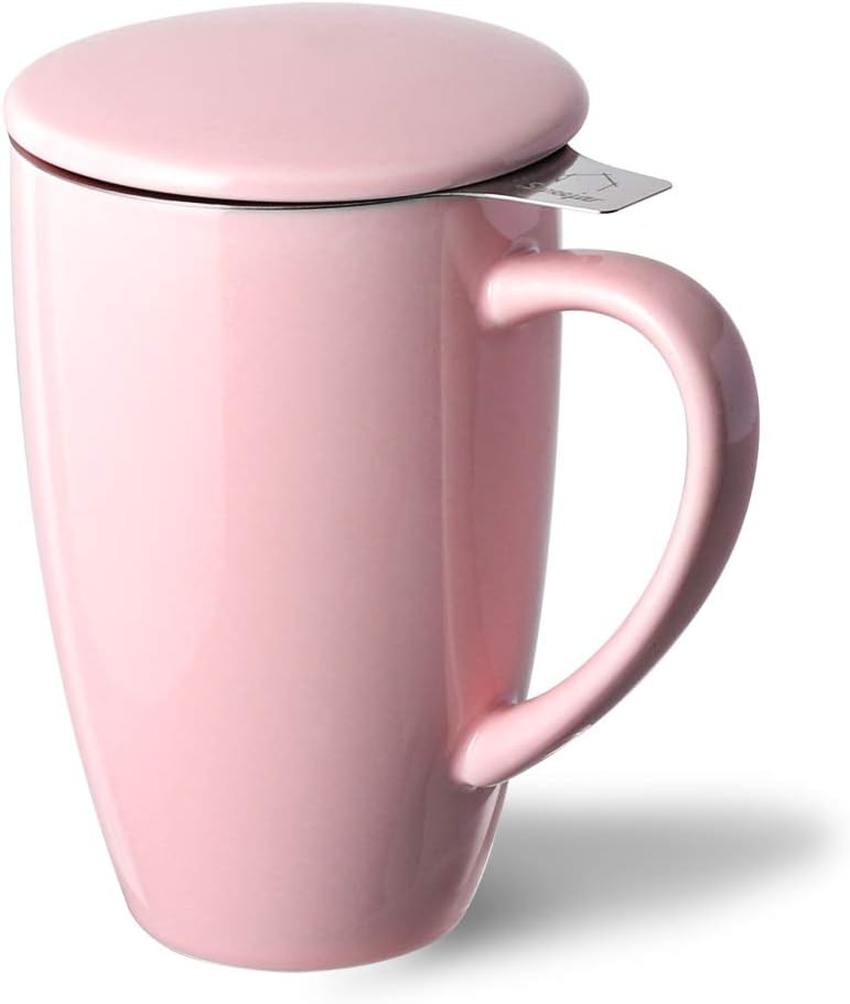 Sweejar Porcelain Tea Infuser Cup with Lid, 16 oz Tea Cup with Strainers for Loose Leaf Tea, Microwave and Dishwasher Safe Coffee Mug, Tea Steeping Mug for Tea Drinkers,Christmas Gift (Pink)