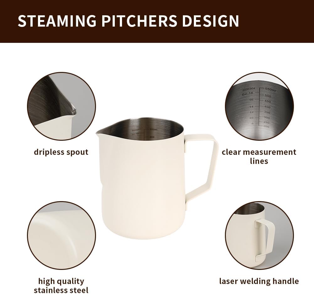 watchget Stainless Steel Milk Frothing Pitcher 12oz/350ml - Espresso Steaming Pitcher for Cappuccino, Latte Art, Coffee Machine Accessories Milk Jug Coffee Frother Cup, Creamy White