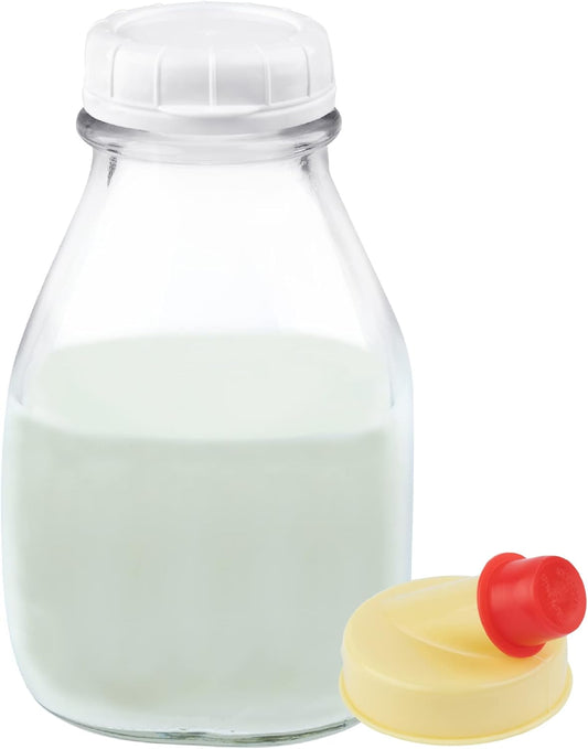 kitchentoolz 16 oz Glass Milk Bottle with Lid and Pour Spout – Small Glass Creamer Container for Refrigerator – Airtight Pint Milk Bottle for Coffee, Tea, and Liquid Storage