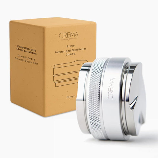 Crema Coffee Products 51mm Hand Tamper & Coffee Distributor|Compatible with Delonghi Dedica & La Specialista Portafilter|Double-Sided,Adjustable Depth Tool|Made with Durable 304 Stainless Steel|Silver