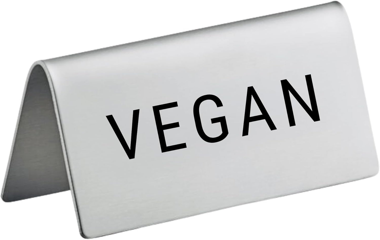 Vegan Stainless Steel Metal Table Tent Sign - 3" x 1-1/2" - Table Top Setting for Restaurants, Catering Businesses, Business. Great for Wedding, Banquet, Buffet, Party, Events. To Label Food Areas for Special Dietary Needs-12 PK