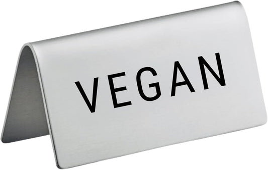 Vegan Stainless Steel Metal Table Tent Sign - 3" x 1-1/2" - Table Top Setting for Restaurants, Catering Businesses, Business. Great for Wedding, Banquet, Buffet, Party, Events. To Label Food Areas for Special Dietary Needs-12 PK